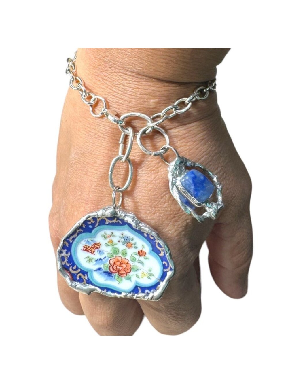 Japanese Fine Bone China Bracelet | Asian Village & Lotus Flower Sodalite Charm - Picture 11 of 16